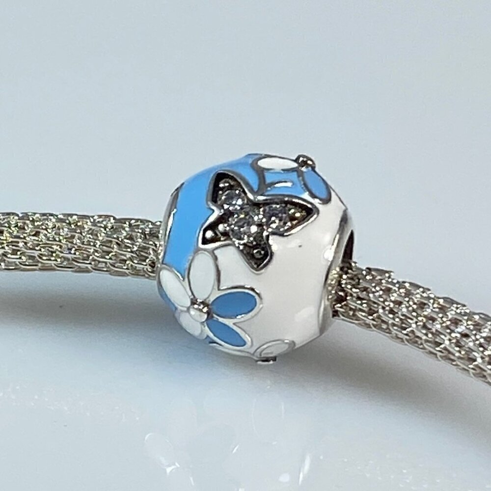 Pale Blue Daisy & Butterfly Enamel Charm